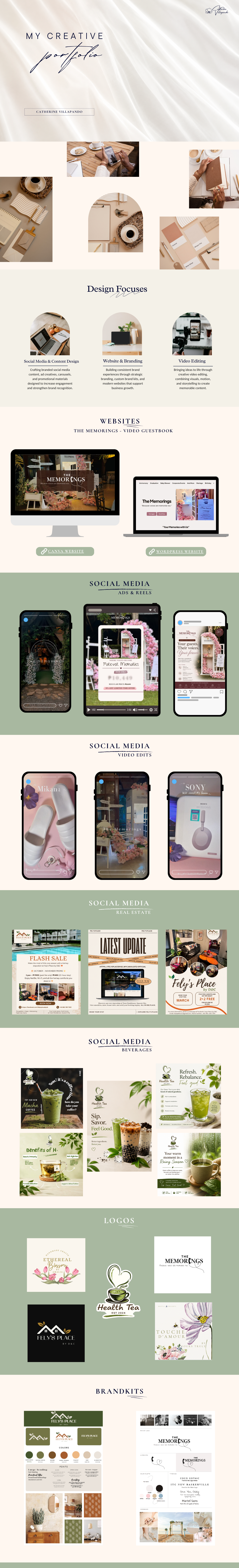 Full social media and creative marketing portfolio showing websites, ads, reels, video edits, real estate, beverage content, logos, and brand kits